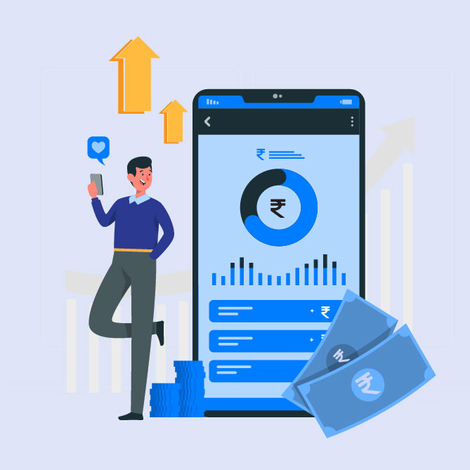 Illustration of a businessman using a smartphone for financial management, with a large mobile screen showing business loan analytics and rupee currency symbols.