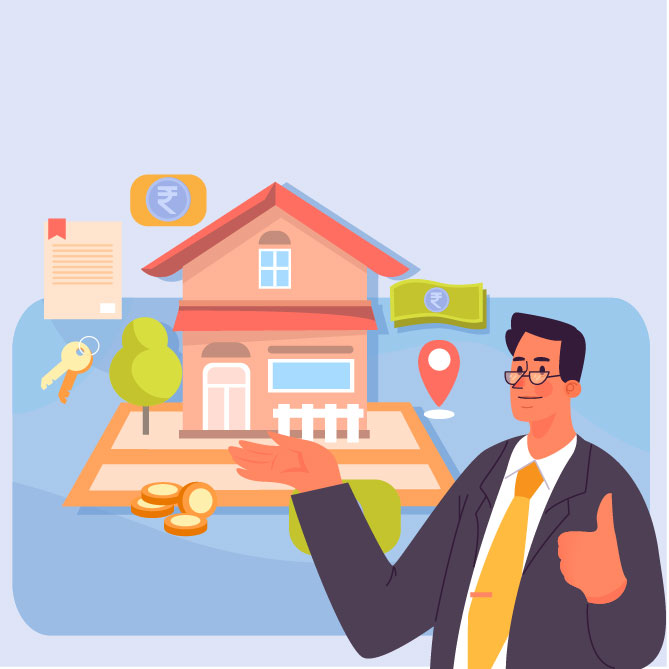 Illustration of a real estate agent presenting a house with icons representing money, keys, property documents, and location—symbolizing loan against commercial property or real estate transactions.